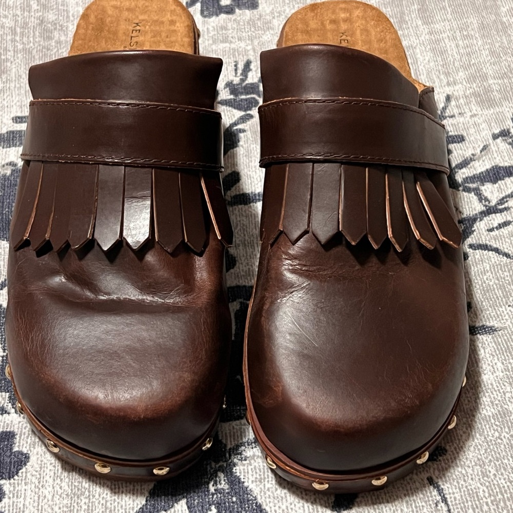 Kelsi Dagger Brown Leather Mules with Fringe